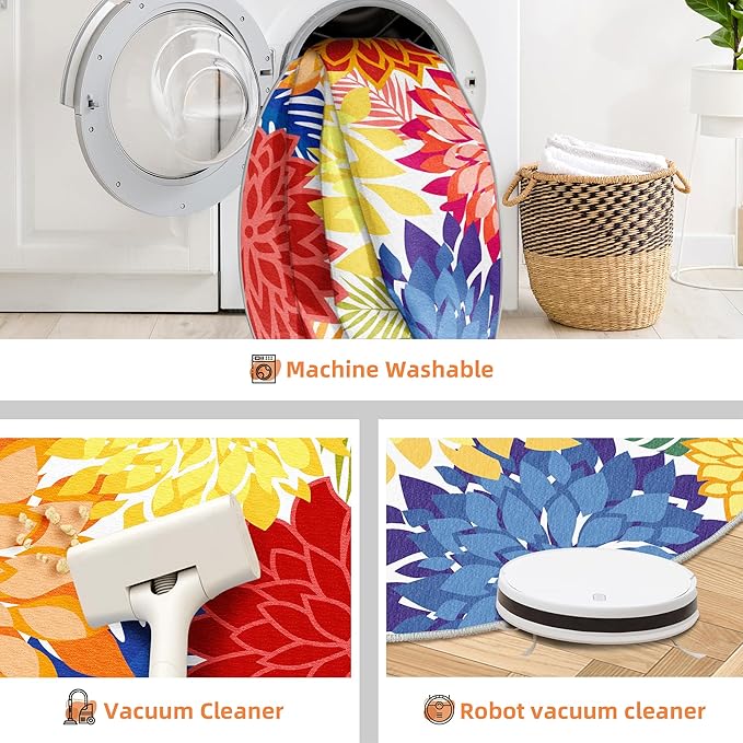 Indoor Outdoor 6FT Round Area Rug Washable Rugs Multicolored Patio Rug Tropical Botanical Modern Floral Indoor Outdoor Round Carpet Non Slip for RV, Pool Deck, Backyard, Porch