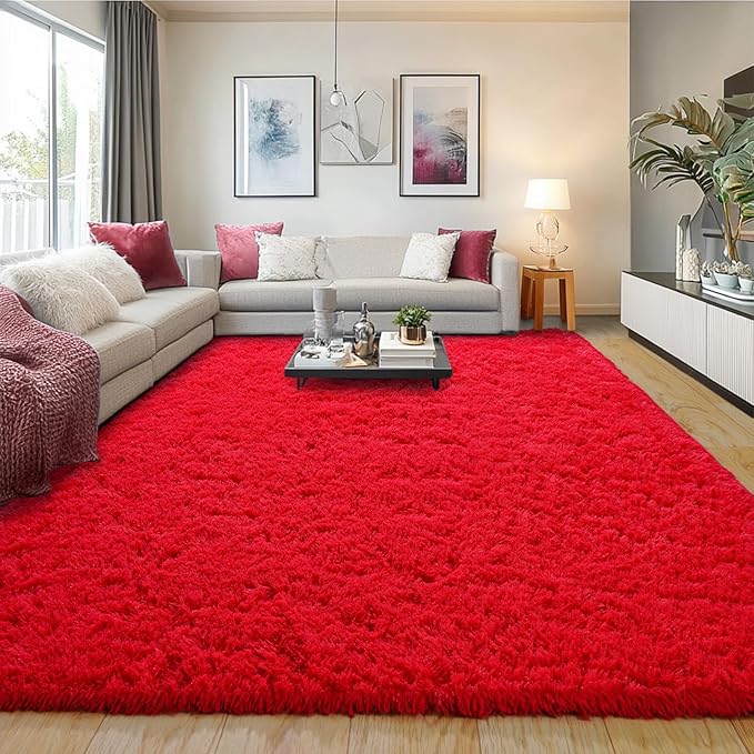 8x10 Rug for Living Room, Fuzzy Plush Large Area Rug, Fluffy Modern Shag Non Slip Soft Furry Carpet for Bedroom Kids Room Nursery Teens Dorm Home Decor, Red
