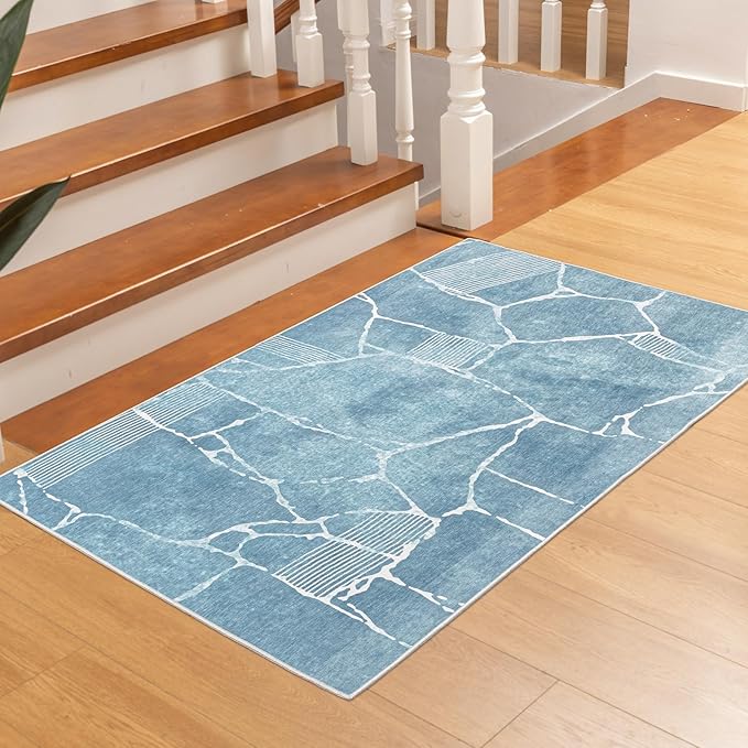 Area Rug 3x5 Machine Washable Rug Vintage Traditional Floor Cover Foldable Thin Retro Indoor Non Slip Carpet Floral Print Mat Bedroom Living Room Dining Room Office,Stone Crevice Blue