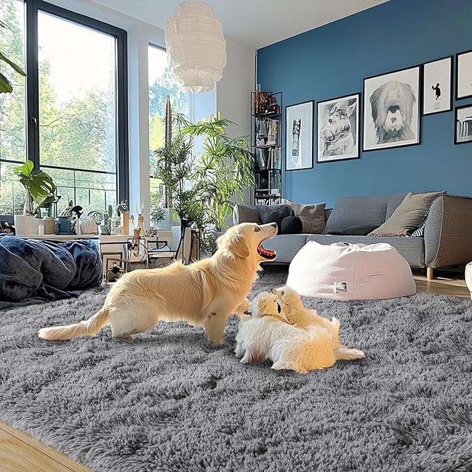 Dark Gray Fluffy Rug Plush Carpet for Bedroom Dorm, Non-Slip High Pile Rug, Shag Rug for Playroom Nursery Home Office Decor 9X12 Ft