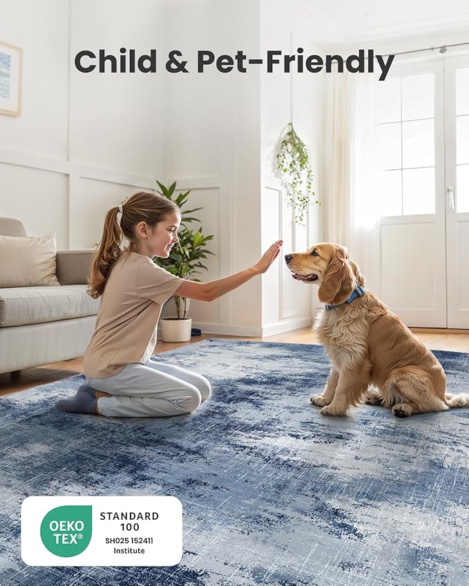 AMADA HOMEFURNISHING 9x12 Large Area Rugs, Modern Living Room Rugs with Non-Slip Backing & Short Pile, Washable Rug with Abstract Pattern for Living Room, Bedroom and Dinning Room, Dark Blue