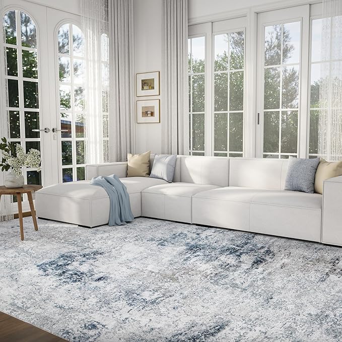 8x10 Washable Area Rug for Living Room, Non-Slip Soft Modern Abstract Large Carpet, Low Pile Neutral Rugs for Bedroom, Dining Room, Home Office, Dorm, Indoor Decor, Navy Blue