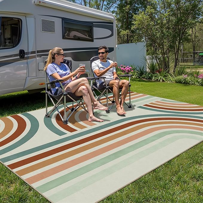 Indoor Outdoor Area Rug, Mid Century Modern Multicolored Outdoor Patio Rug,Washable Abstract Art Rainbow Rugs Non-Slip Carpet for Camping, Bedroom, Deck(8x10)