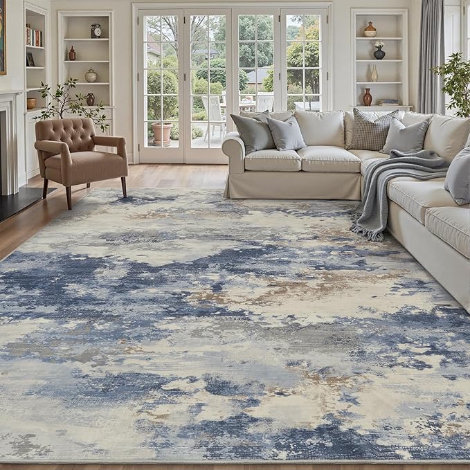 9x12 Large Area Rugs for Living Room Rug-Carpet Modern Abstract Rugs for Bedroom Dining Room Office Contemporary Blue Brown Rug