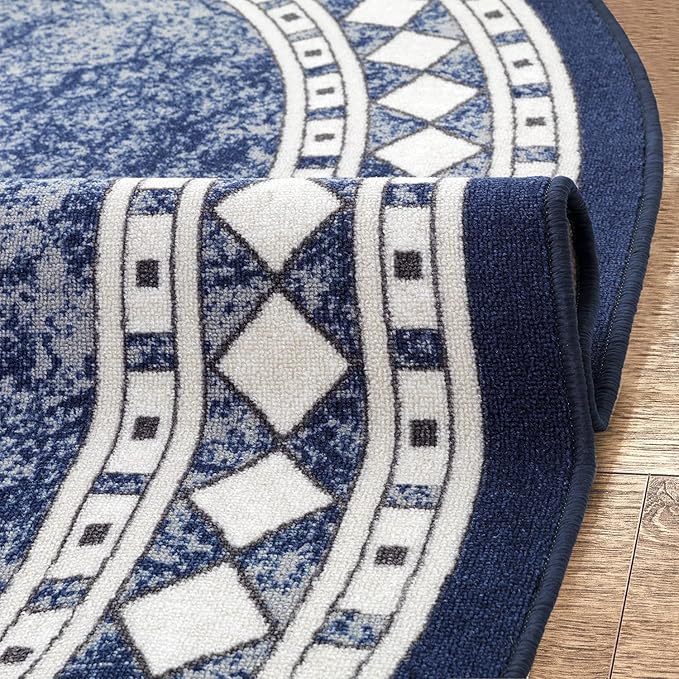 Antep Rugs Alfombras Modern Bordered 2x5 Non-Skid (Non-Slip) Low Profile Pile Rubber Backing Kitchen Area Rugs (Navy Blue, 2' x 5' Oval)