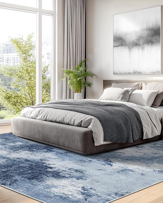 AMADA HOMEFURNISHING 9x12 Large Area Rugs, Modern Living Room Rugs with Non-Slip Backing & Short Pile, Washable Rug with Abstract Pattern for Living Room, Bedroom and Dinning Room, Dark Blue