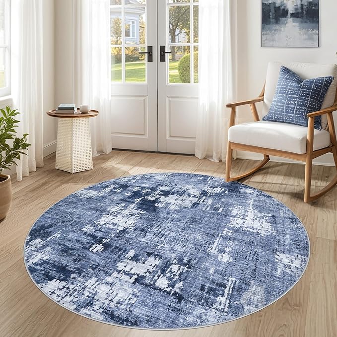 5ft Round Area Rug Living Room Rugs - 5x5 Washable Large Soft Indoor Neutral Modern Abstract Low Pile Rug Carpet for Bedroom Dining Room Farmhouse Home Office - Navy Blue