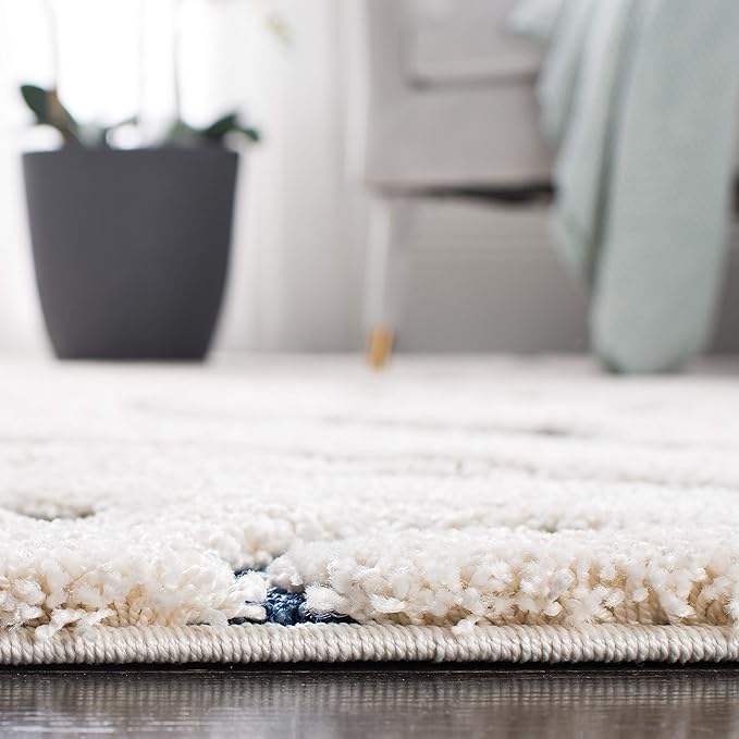 SAFAVIEH Florida Shag Collection 10' Round Cream/Blue SG455 Scrolling Vine Graceful Swirl Textured Non-Shedding Living Room Bedroom Dining Room Entryway Plush 1.2-inch Thick Area Rug