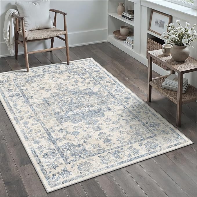 4x5 Washable Neutral Area Rug Blue Floral Living Room Bedroom Carpet Non-Slip Low Pile Vintage Lightweight Vacuumable Soft Throw Rug for Dining Room Entryway Office Kitchen