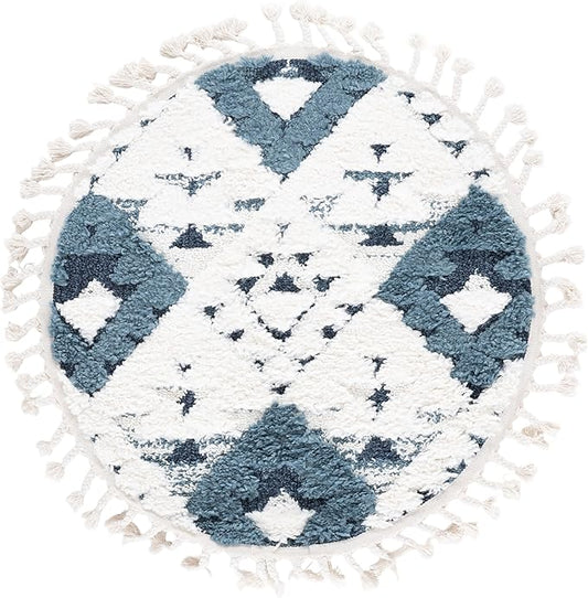 Safavieh Moroccan Tassel Shag Collection Area Rug - 3' Round, Blue & Ivory, Plush 2-inch Thick, Ideal for High Traffic Areas in Living Room, Bedroom, Dining Room (MTS688M-3R)