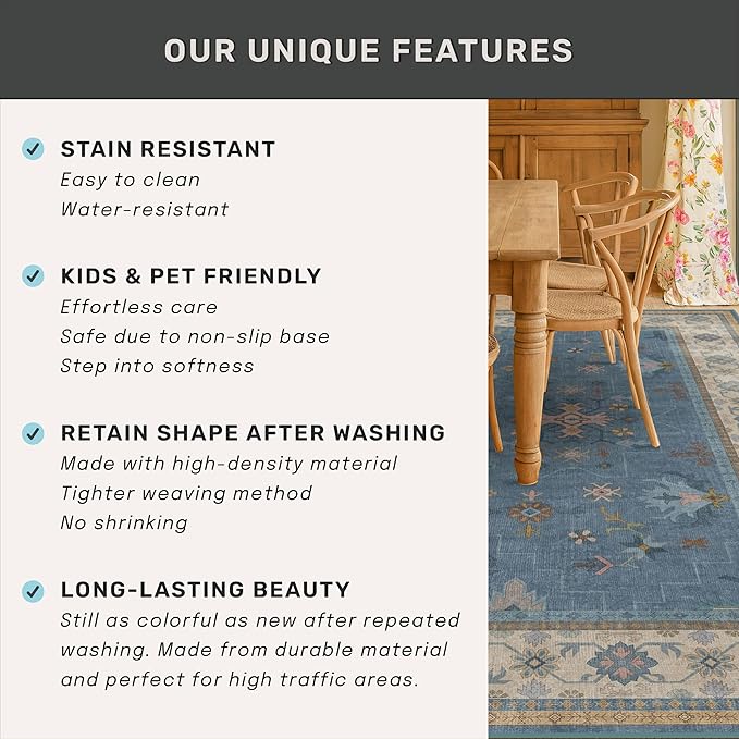 5x8 Rug for Living Room, Boho Eclectic Area Rugs Blue Modern Low-Pile Carpet for Bedroom, Dining Table, Nursery, Washable Non-Slip with Rubber Back