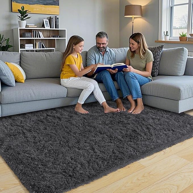 Fluffy Area Rug for Bedroom 4x6 Feet, Shag Soft Rug for Living Room, Indoor Comfy Cute Plush Bedside Carpet for Girls Boys Room Teens Dorm Nursery Decor, Charcoal Grey
