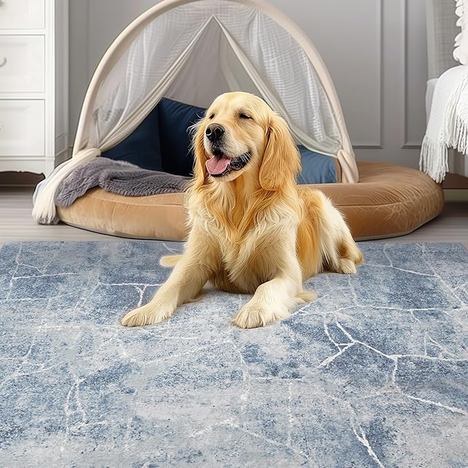 Area Rug 5x7 Machine Washable Rug Vintage Traditional Floor Cover Foldable Thin Retro Indoor Non Slip Carpet Floral Print Mat Bedroom Living Room Dining Room Office,Line Blue