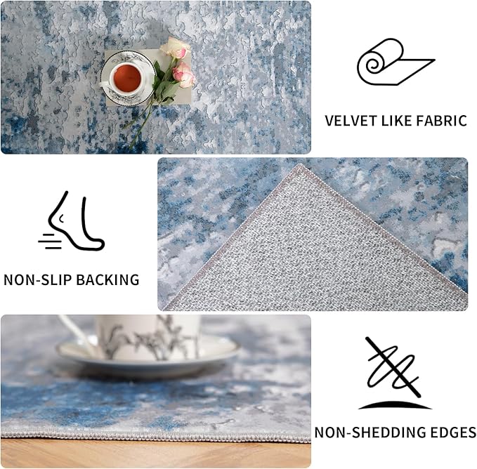 Area Rug 8x10 Machine Washable Rug Vintage Traditional Floor Cover Foldable Thin Retro Indoor Non Slip Carpet Floral Print Mat Bedroom Living Room Dining Room Office,Visus Blue