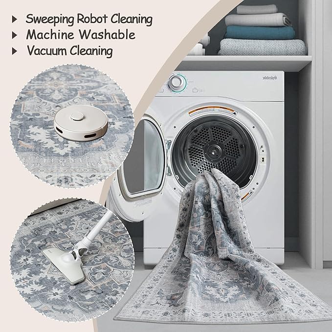 4x6 Washable Area Rug with Non-Slip Backing Low-Pile Soft Bohemian Distressed Boho Printed Rug for Living Room, Entryway, Bedroom, Home Office, Farmhouse- Blue/Gray