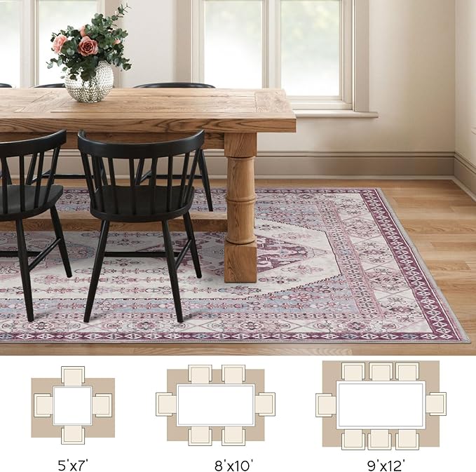 Rineflo-8'x10' Area Rugs,Machine Washable Rug for Living Room Dinner Room Bedroom,Bohemian Style Soft Non Slip Rug Carpet,Oriental Vintage Low Pile Large Area Rug (Pink, 8'x10')