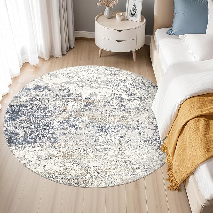 4ft Round Area Rug Living Room Rugs - 4x4 Washable Large Soft Indoor Neutral Modern Abstract Low Pile Rug Carpet for Bedroom Dining Room Farmhouse Home Office - Beige Blue
