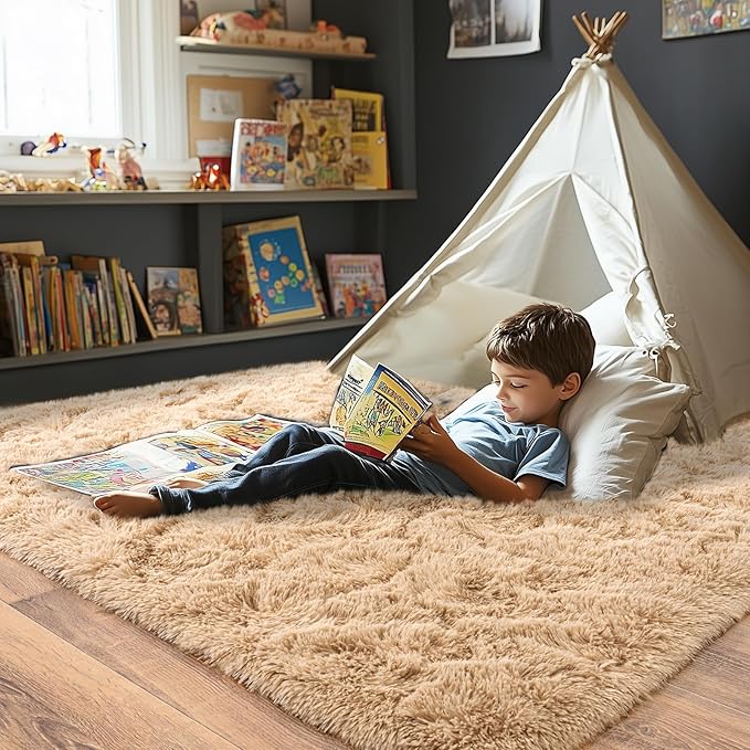 Fluffy Area Rug for Bedroom 4x6 Feet, Indoor Plush Carpet, Shag Soft Bedside Rug, Cute Comfy Furry Rug for Living Room Dorm Girls Boys Room Nursery Decor, Camel