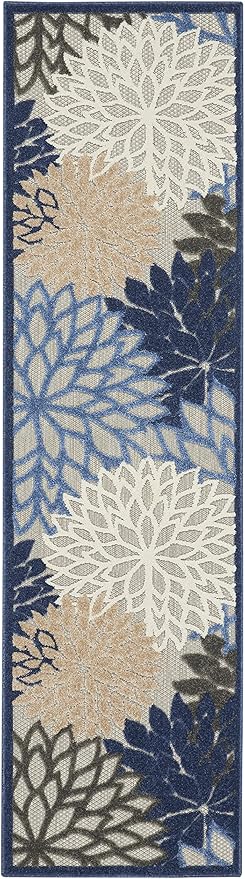 Nourison Aloha Indoor/Outdoor Blue/Multicolor 2'3" x 8' Area Rug, Tropical, Botanical, Easy Cleaning, Non Shedding, Bed Room, Living Room, Dining Room, Deck, Backyard, Patio (2x8)