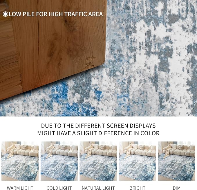 Area Rug 3x5 Machine Washable Rug Vintage Traditional Floor Cover Foldable Thin Retro Indoor Non Slip Carpet Floral Print Mat Bedroom Living Room Dining Room Office,Visus Blue