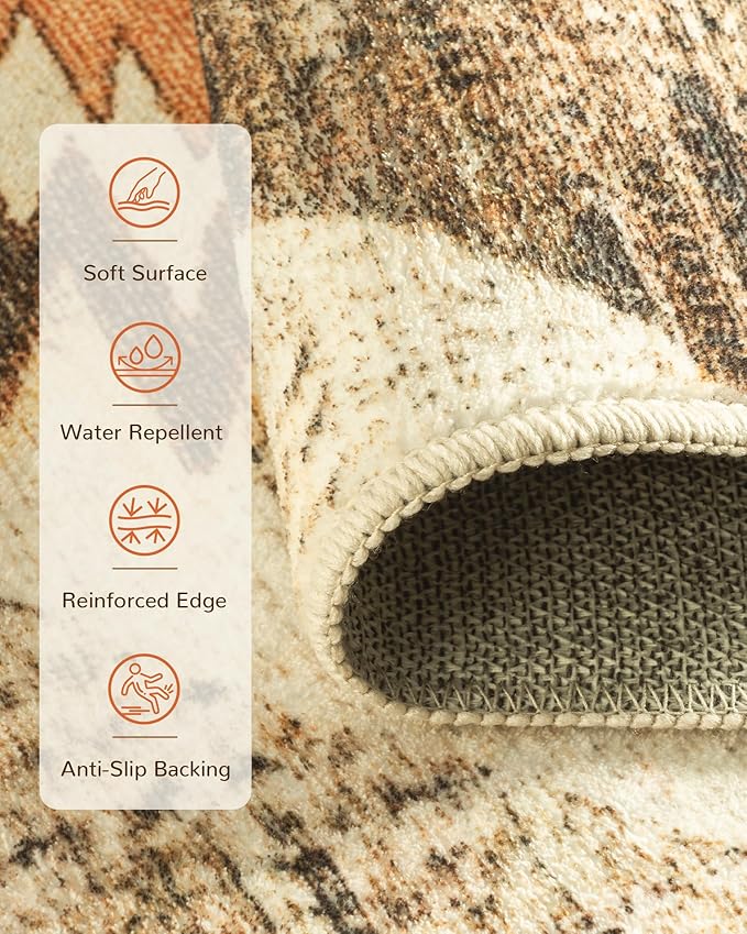 Area Rug 9x12 Rug Machine Washable Non-Slip Low Pile Print Pattern Western Rug for Living Room Bedroom Entryway Tribal Series -Cream/Camel