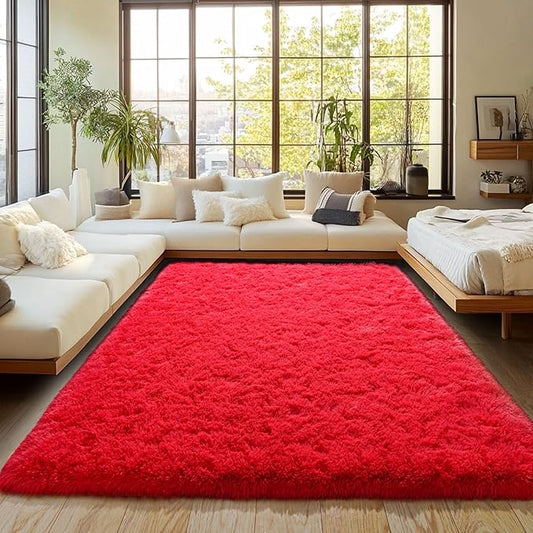Red Fluffy Rug Plush Carpet for Bedroom Dorm, Non-Slip High Pile Rug, Shag Rug for Playroom Nursery Home Office Decor 9X12 Ft