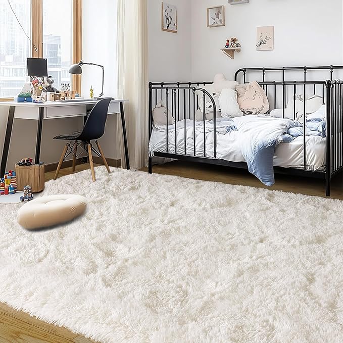 Cream White Plush Rug for Living Room Fuzzy Carpet for Bedroom Dorm, Non-Slip High Pile Rug, Shag Rug for Playroom Nursery Home Office Decor 5X7 Ft
