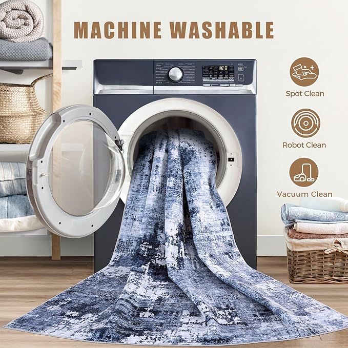 Area Rug Living Room Rugs - 10x12 Large Soft Indoor Neutral Modern Abstract Low Pile Washable Rug Carpet for Bedroom Dining Room Farmhouse Home Office - Navy Blue