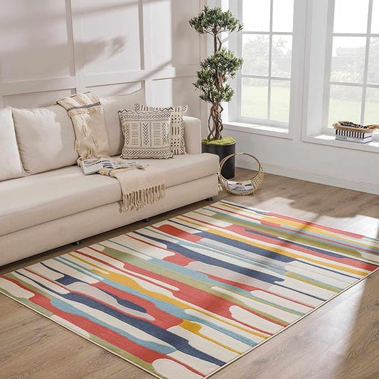 Hauteloom Aquino Modern Multicolor Small Area Rug - Contemporary Colorful Rainbow Striped Modern Rug Carpet - Door Mat - Red, Yellow, Blue, Green - 2' x 3'