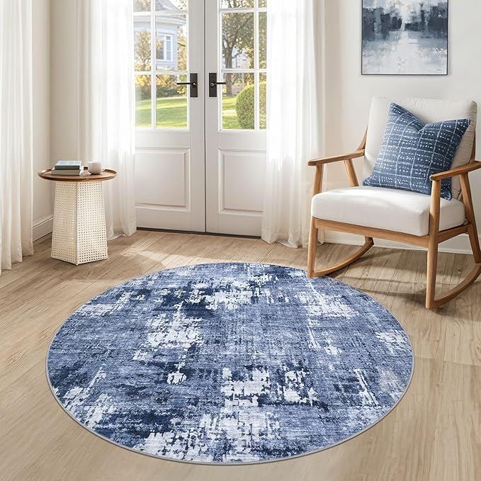 4ft Round Area Rug Living Room Rugs - 4x4 Washable Large Soft Indoor Neutral Modern Abstract Low Pile Rug Carpet for Bedroom Dining Room Farmhouse Home Office - Navy Blue