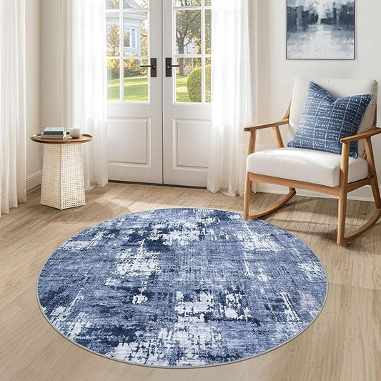 4ft Round Area Rug Living Room Rugs - 4x4 Washable Large Soft Indoor Neutral Modern Abstract Low Pile Rug Carpet for Bedroom Dining Room Farmhouse Home Office - Navy Blue