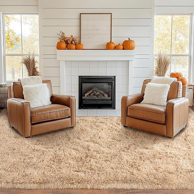 8x10 Rug for Living Room, Fuzzy Plush Large Area Rug, Fluffy Modern Shag Non Slip Soft Furry Carpet for Bedroom Kids Room Nursery Teens Dorm Home Decor, Camel