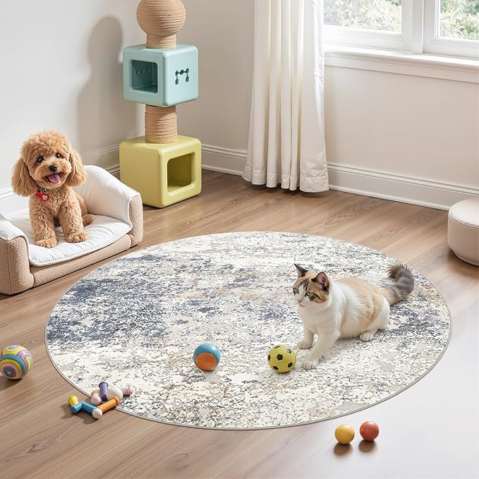 4ft Round Area Rug Living Room Rugs - 4x4 Washable Large Soft Indoor Neutral Modern Abstract Low Pile Rug Carpet for Bedroom Dining Room Farmhouse Home Office - Beige Blue