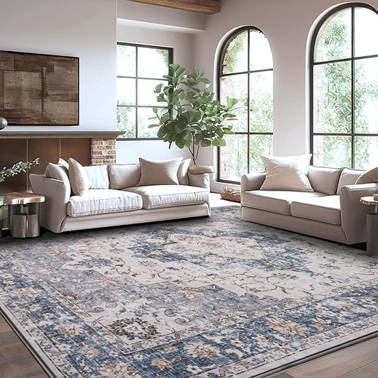 Area Rug 5x7 Machine Washable Rug Vintage Traditional Floor Cover Foldable Thin Retro Indoor Non Slip Carpet Floral Print Mat Bedroom Living Room Dining Room Office,Numerous Flower Blue