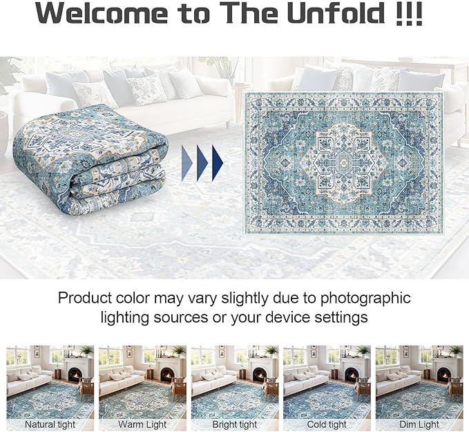 ANSSO 5x7 Area Rug for Living Room, Machine Washable Low Pile Rugs, Non-Slip Backing Vintage Carpet for Bedroom, Dining Room, Home Office Decor Turquoise Blue