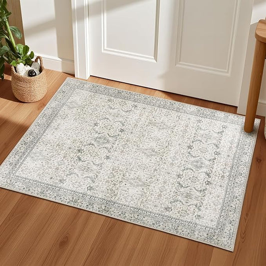 2x3 Washable Rug Floral Beige, Indoor Entrance Door Mat, Kitchen Mats for Floor, Cream White