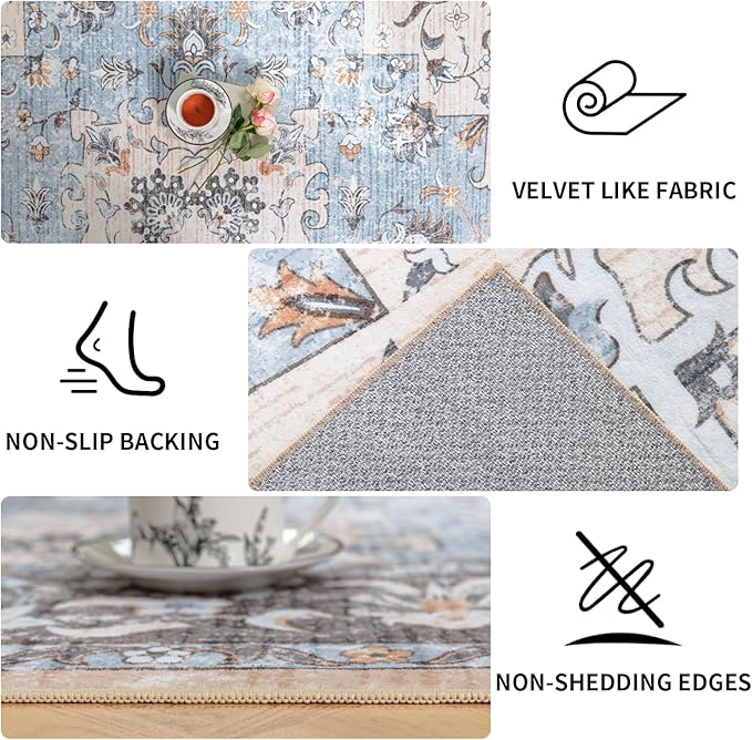 Area Rug 8x10 Machine Washable Rug Vintage Traditional Floor Cover Foldable Thin Retro Indoor Non Slip Carpet Floral Print Mat Bedroom Living Room Dining Room Office,Dahlia Blue