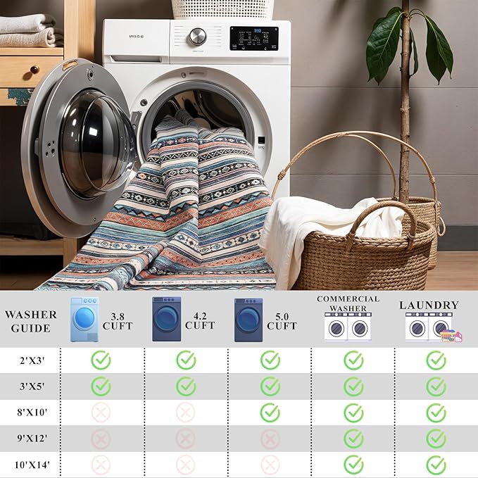 10x14 Rug for Living Room Washable, Large Striped Farmhouse Area Rugs for Bedroom Soft Ultra Thin Indoor Carpet Non Slip Stain Resistant Dining Room Rug Waterproof Southwest Style, 10x14 Blue/Multi