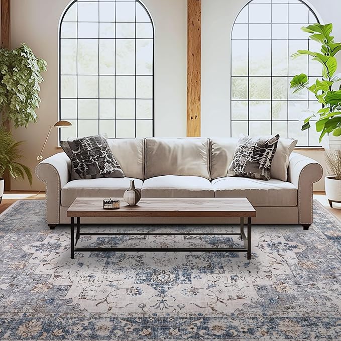 Area Rug 5x7 Machine Washable Rug Vintage Traditional Floor Cover Foldable Thin Retro Indoor Non Slip Carpet Floral Print Mat Bedroom Living Room Dining Room Office,Numerous Flower Blue