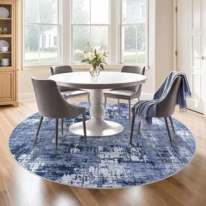 5ft Round Area Rug Living Room Rugs - 5x5 Washable Large Soft Indoor Neutral Modern Abstract Low Pile Rug Carpet for Bedroom Dining Room Farmhouse Home Office - Navy Blue