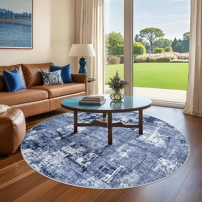 6ft Round Area Rug Living Room Rugs - 6x6 Washable Large Soft Indoor Neutral Modern Abstract Low Pile Rug Carpet for Bedroom Dining Room Farmhouse Home Office - Navy Blue