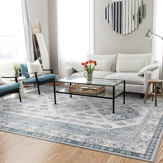 Rineflo-8'x10' Area Rugs,Machine Washable Rug for Living Room Dinner Room Bedroom,Bohemian Style Soft Non Slip Rug Carpet,Oriental Vintage Low Pile Large Area Rug (Grey, 8'x10')