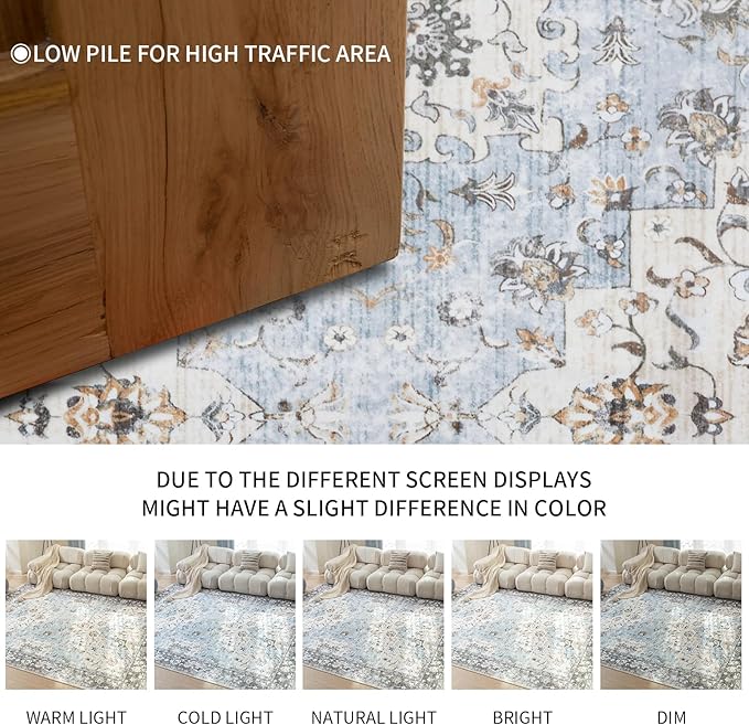 Area Rug 8x10 Machine Washable Rug Vintage Traditional Floor Cover Foldable Thin Retro Indoor Non Slip Carpet Floral Print Mat Bedroom Living Room Dining Room Office,Dahlia Blue