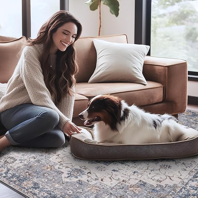 Area Rug 5x7 Machine Washable Rug Vintage Traditional Floor Cover Foldable Thin Retro Indoor Non Slip Carpet Floral Print Mat Bedroom Living Room Dining Room Office,Numerous Flower Blue