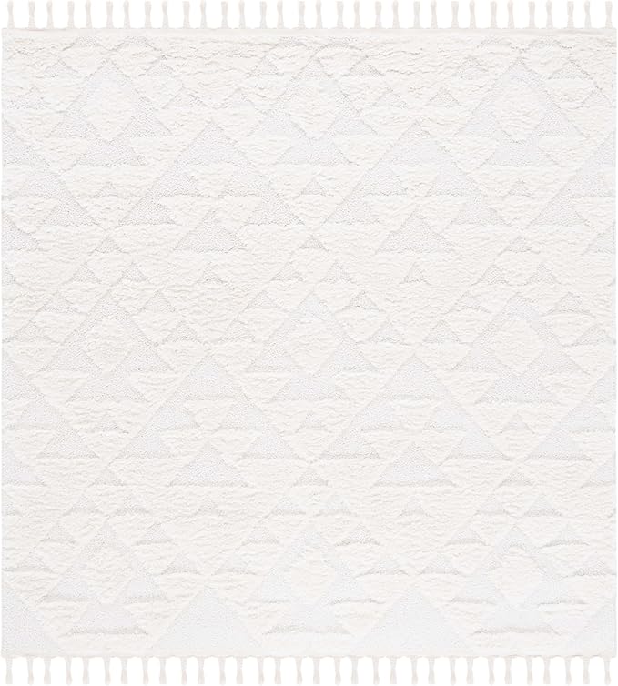 Safavieh Moroccan Tassel Shag Collection Area Rug - 3' Square, Ivory, Geometric Design, Plush 1.5 Inch Thick Ideal for High Traffic Areas in Living Room, Bedroom, Dining (MTS688C)