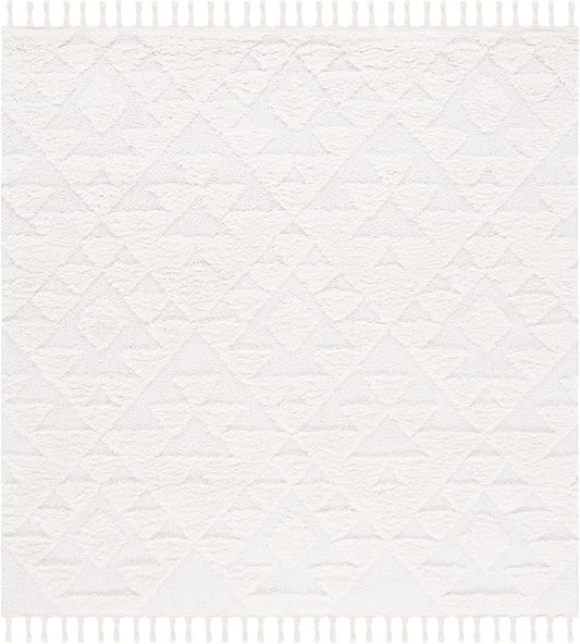 Safavieh Moroccan Tassel Shag Collection Area Rug - 5'3" Square, Ivory, Geometric Design, Plush 1.5 Inch Thick Ideal for High Traffic Areas in Living Room, Bedroom, Dining (MTS688C)