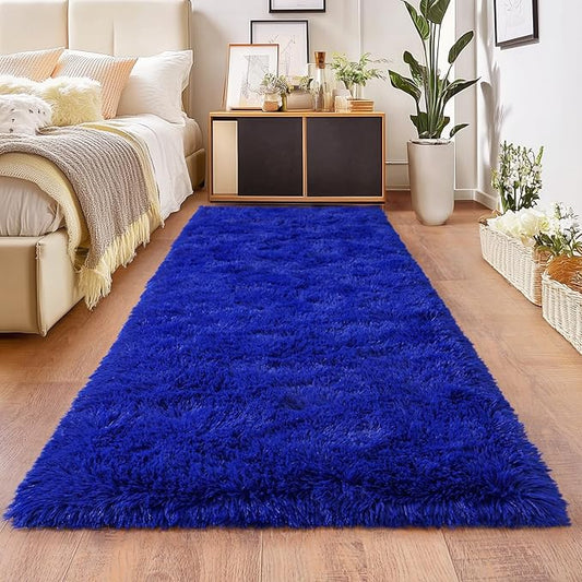 Blue Runner Rug for Hallway, Bedroom Bedside Plush Rugs, Non Slip Fluffy Shaggy Carpet for Kids Home Decor, Dorm Nursery 2x6 Ft