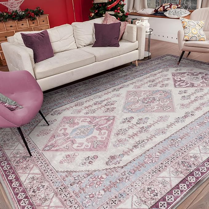 Rineflo-8'x10' Area Rugs,Machine Washable Rug for Living Room Dinner Room Bedroom,Bohemian Style Soft Non Slip Rug Carpet,Oriental Vintage Low Pile Large Area Rug (Pink, 8'x10')
