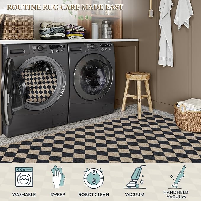 Lahome Checkered 3x5 Washable Rug, Farmhouse Kitchen Porch Rugs Indoor Outdoor Carpet, Washable Non Slip Non Shedding Indoor Door Mat for Entryway Deck Living Room