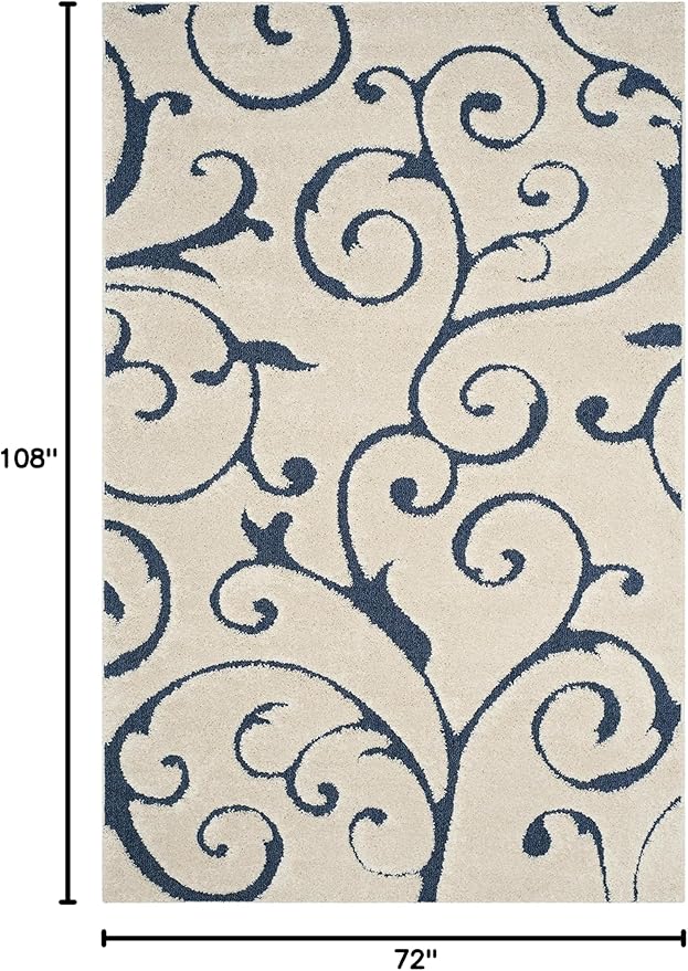 SAFAVIEH Florida Shag Collection Area Rug - 6' x 9', Cream & Blue, Scroll Design, Non-Shedding & Easy Care, 1.2-inch Thick Ideal for High Traffic Areas in Living Room, Bedroom (SG455-1165)